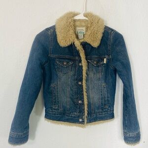 A&F Rustic Denim Faux Sherpa Lined Button-up Farm Barn Western Jacket VTG Girl M